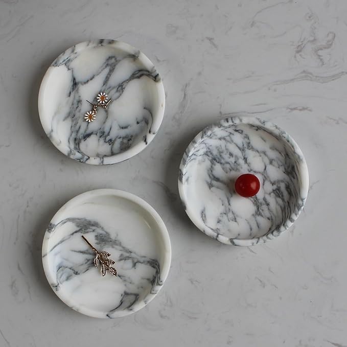 Natural Travertine Marble Jewelry Dish 5.5",Trinket Dish for Ring Earring, Gift for Woman Daugther(Arabescato Calacatta)