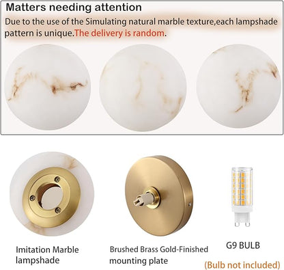 Modern Gold Globe Wall Sconce with Imitation Marble Shades Unique Textures Marble Bathroom Vanity Lighting Premium Resin Wall Light for Bedroom Living Room Staircases Hallway