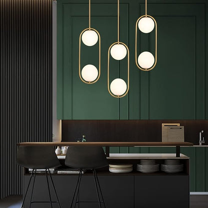SeeU Modern Pendant Lighting Mid Century Globe Pendant Light Fixture Gold Pendant Chandelier Hanging Lighting Fixture with White Globe Glass Lampshade for Kitchen Island Dining Room Bedroom
