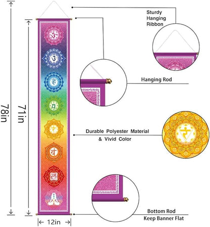Funnytree 12"x71" Large Yoga Tapestry Meditation Studio Room 7 Chakra Mandala Hanging Banner Wall Poster Door Decor Porch Sign Indoor Outdoor Durable Fabric