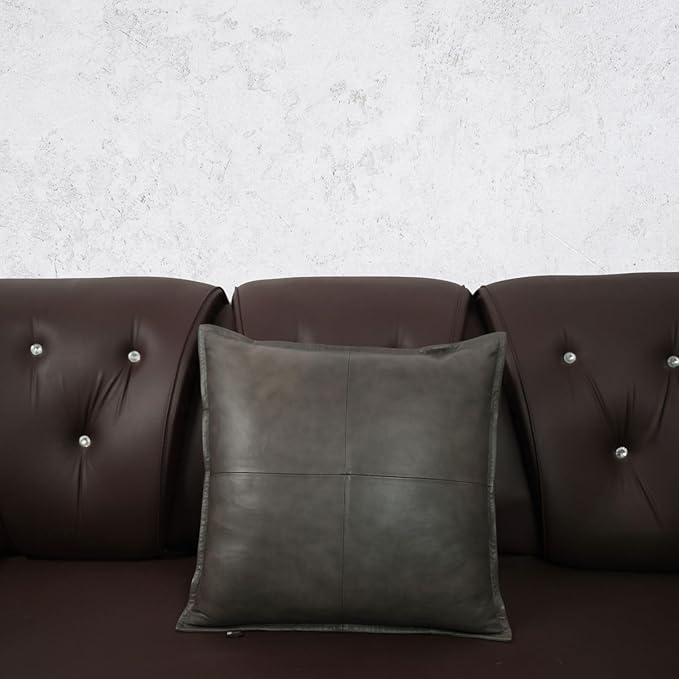 D DOLLY LAMB Lambskin Leather Pillow Cover - Sofa Cushion Case - Decorative Throw Covers for Living Room & Bedroom, 18x18 Inches - Grey Antique Box Pack of 1