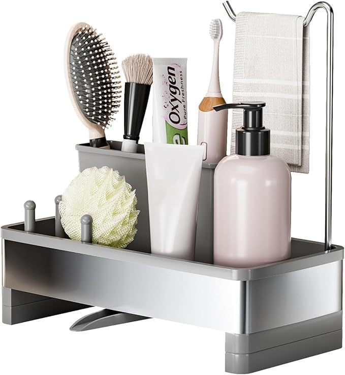 Stainless Steel Sink Caddy, Sponge Holder for Kitchen Sink with Brush Holder & Dishcloth Rack, Rustproof Sink Organizer Countertop, Kitchen Organizers Storage Essentials (F-Gray)