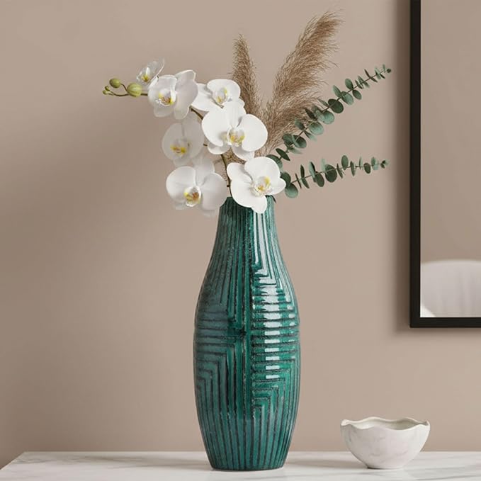 hjn Teal Hand-Glazed Ceramic Vase - 13.8" H Modern Decorative Centerpiece Vase for Fresh/Dried Flowers, Home Decor for Living Room Bookshelf Mantel | Wedding Housewarming Gift