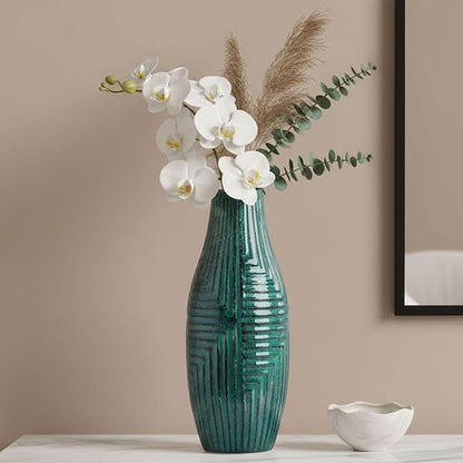 hjn Teal Hand-Glazed Ceramic Vase - 13.8" H Modern Decorative Centerpiece Vase for Fresh/Dried Flowers, Home Decor for Living Room Bookshelf Mantel | Wedding Housewarming Gift