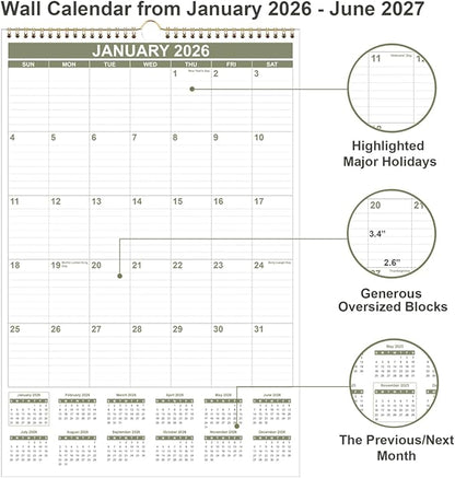 2026 Wall Calendar - Large Calendar 2026-2027 from January 2026 - June 2027, 18 Months Calendar/Planner with Thick Paper, 20" x 30", Vertical, Cyan