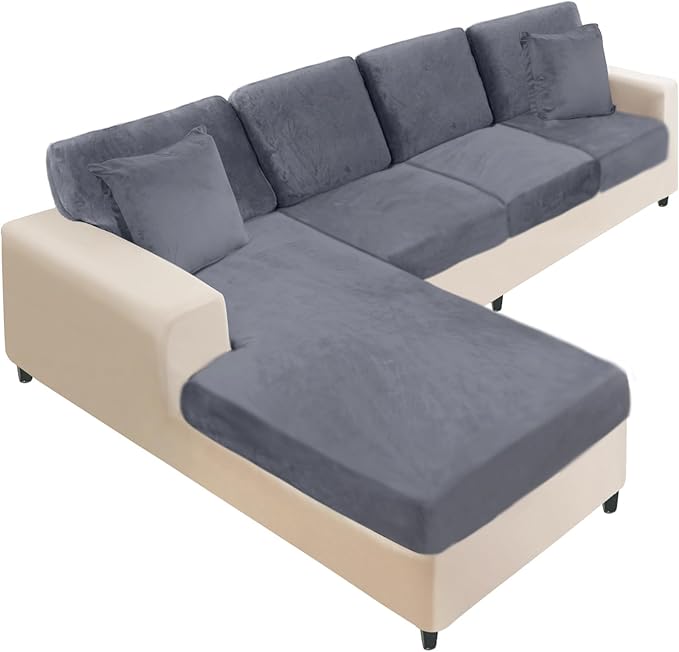 NAISI Sectional Couch Covers 8 Pieces Velvet Couch Cushion Covers L Shape Soft Stretch Sofa Slipcovers with 2pcs Pillowcases for Left/Right Chaise Sectional Couch(3 Seater+1 Chaise+4 Back,Dark Grey)
