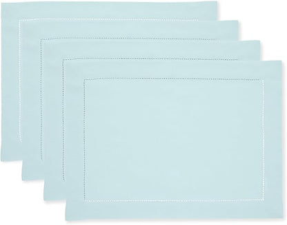 Solino Home Linen Cloth Placemats Set of 4-100% Pure Linen Hemstitch Aqua Blue Placemats 14 x 19 Inch - Classic Hemstitch Table Place Mats for Winter