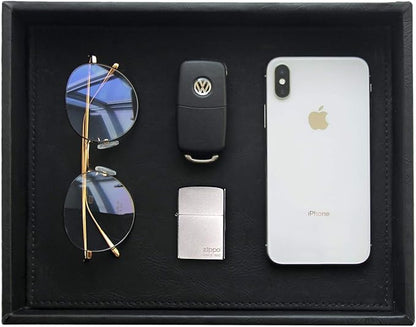 Vixdonos Valet Tray Nightstand Organizer Leather Catchall Tray for Perfume,Jewelry,Key and Remote on Counter or Dresser(Black)