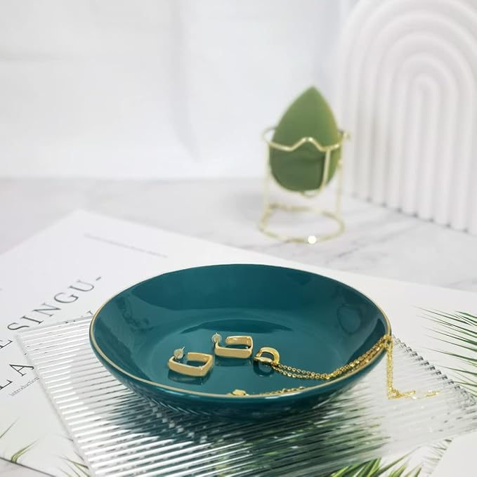 HANKOR 4.75" Ceramic Jewelry Tray, Small Ring Dish Holder Trinket Tray, Catch All Trays for Ring Earring Necklace Key, Christmas Gifts for Women Girls, Green