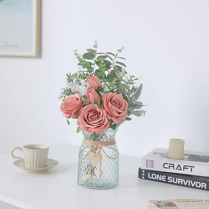 Faux Flowers with Vase,Artificial Silk Roses in Vase, Fake Plant Eucalyptus Flower Arrangement for Home Office Farmhouse Bathroom Dining Table Centerpiece Decorations Coffee Table Decor (Dusty Pink)