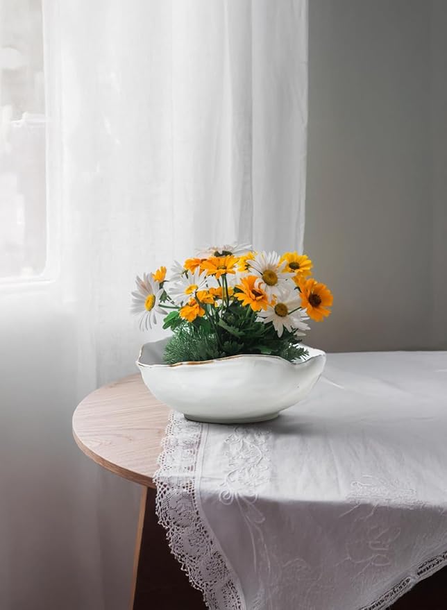 Serene Spaces Living Free-Form Glazed Ceramic Bowl with Sculpted Edge, Decorative Centerpiece for Table Styling, Modern Home Accent for Dining Table Mantel Shelf, 10.5" Diameter & 3.5" Tall