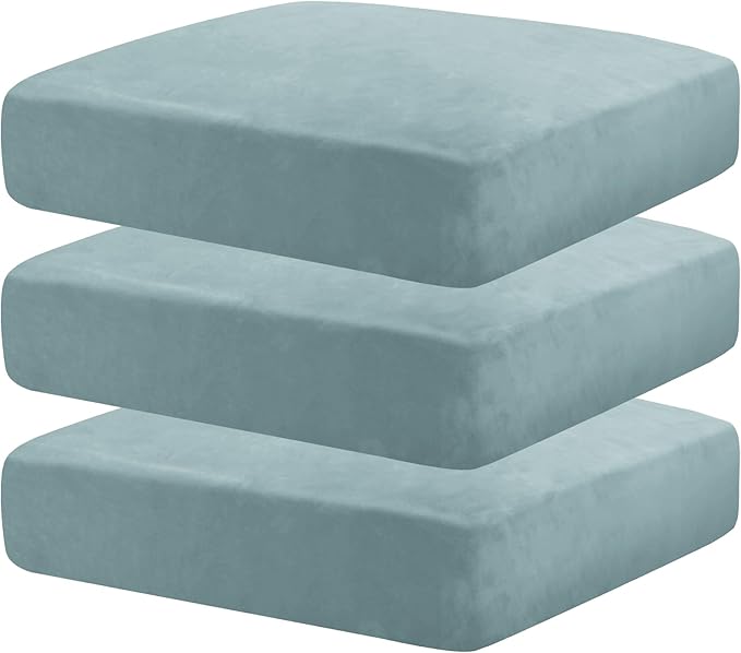 MAXIJIN Velvet Stretch Seat Cushion Covers Couch Cushion Cover for Individual Cushions Sofa Seat Cushion Slipcovers with Elastic Bottom (3 Piece XL Sofa Cushion Covers, Dusty Blue)