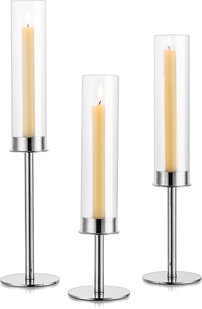 Hurricane Taper Candle Holders: Silver Glass Candlestick Holder Tall Candle Sticks Holder Decor with Glass Cover for Wedding Table Centerpiece Party Birthday Christmas Home Mantel Set of 3