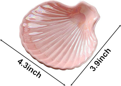 3.9" Shell-Shaped Ceramic Ring Dish - Pink Iridescent Surface Jewelry Tray, Decorative Trinket Organizer for Rings, Earrings, Necklaces & Keys - Ideal for Mom, Friend, Sister
