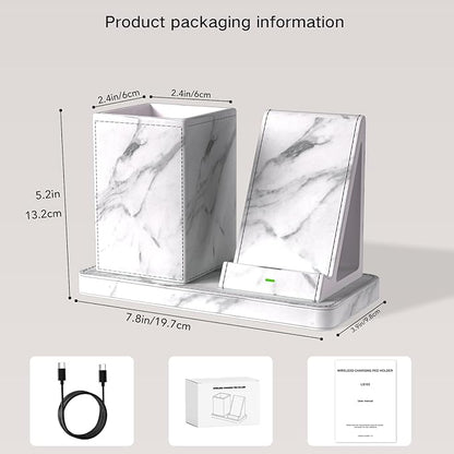 Multi-Functional Pencil Holder for Desk,marble Vegan Leather Organizers with Remote Control Holder,Pencil Holder Desk Organizer with Phone Wireless Charger for Office/Nightstand/Endtable