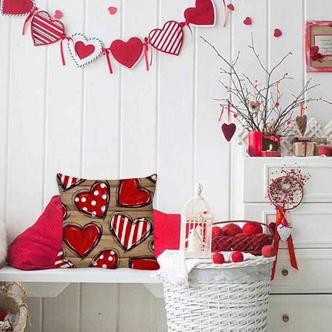 GEEORY Valentine's Day Love You More Hugs and Kisses Throw Pillow Covers 18x18 Inch Set of 4, Red Hearts Stripes Decorative Farmhouse Wedding Cushion Case for Home Decoration G652-18