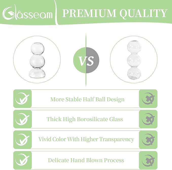 Glasseam Unique Small Flower Vase, Cute Blown Glass Vases for Flowers, Modern Ball Bubble Clear Bud Vases - Decorative Round Single Flower Vase for Home Decor