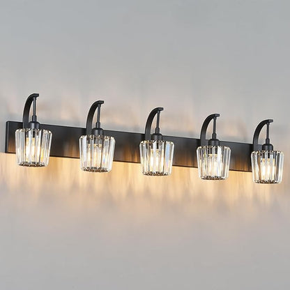 Modern Bathroom Vanity Light, 5-Light Black Wall Sconce with Crystal Accents, Over Mirror Bathroom Lighting Fixture, 42.51" Long Dimmable Vanity Lamp for Makeup, Easy Installation