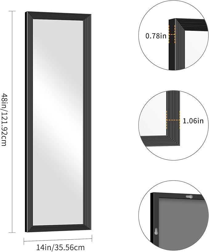 Black Bathroom Mirror 14 x 48 Inch Rectangle Wave Beveled Frame for Wall Bathroom Vanity Mirror for Over Sink, Tempered Glass,for Entryway Hangs, Bathroom Living Room Horizontal or Vertical