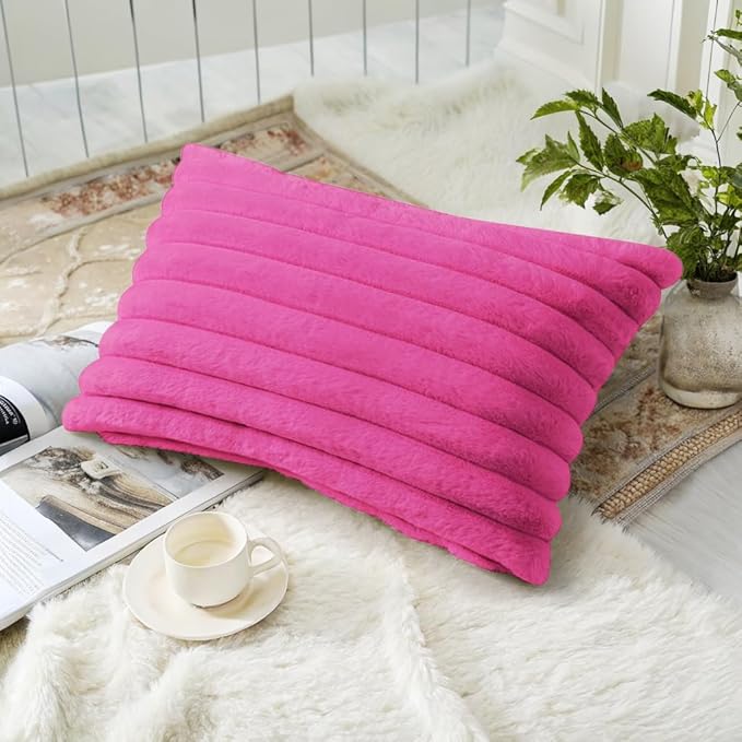 decorUhome Faux Fur Spring Throw Pillow Covers 12x20 Set of 2, Decorative Soft Plush Striped Lumbar Neutral Couch Pillow Covers with Velvet Back for Sofa, Bed, Living Room Home, Hot Pink