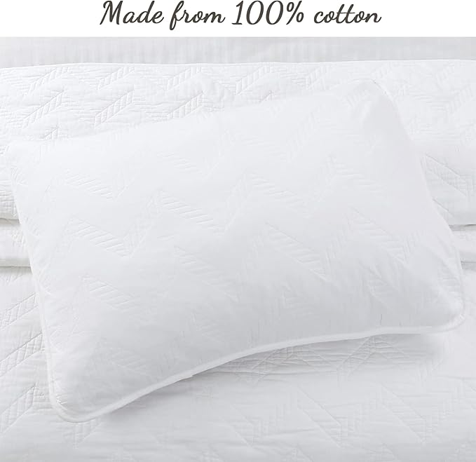 Cozy Line Home Fashions 100% Cotton Geometric Modern Zig Zag Stitch Solid White Quilt Bedding Set, Coverlet, Bedspread Lightweight for All Season (Chevron - White, Queen - 3 Piece)