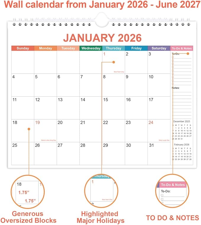 2026 Calendar - Wall Calendar 2026 from January 2026 to June 2027, 2026 Calendar with Premium Paper, Twin-Wire Binding & Hanging Hook, 11.5" x 14.5", Colorful