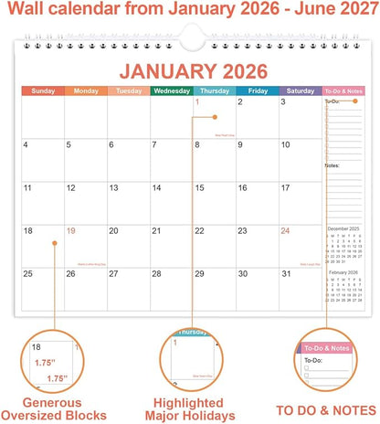 2026 Calendar - Wall Calendar 2026 from January 2026 to June 2027, 2026 Calendar with Premium Paper, Twin-Wire Binding & Hanging Hook, 11.5" x 14.5", Colorful