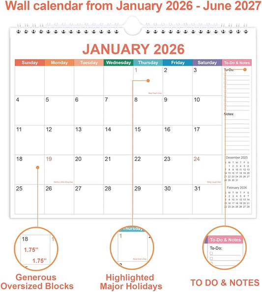 2026 Calendar - Wall Calendar 2026 from January 2026 to June 2027, 2026 Calendar with Premium Paper, Twin-Wire Binding & Hanging Hook, 11.5" x 14.5", Colorful
