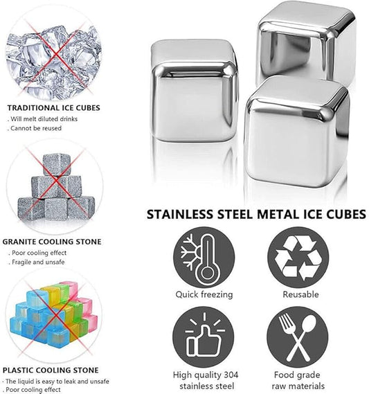 6 Small Whiskey Stones - Man Gift Set - Reusable Stainless Steel Metal Ice Sphere Cubes Beverage Chilling Rocks Whiskey Stones for Red Wine, Bar Beer, Scotch, Vodka Drinks - Silver