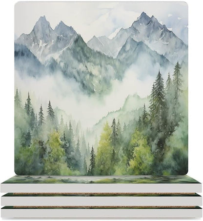 Square-4PCS Forest Drink Coasters, Square Modern Ceramic Absorbent Coasters, Watercolor Style Nature Woodland Green Forest Mountain Plant Decor Desk Coffee Table Coaster for Beverage Cup Tea Coasters