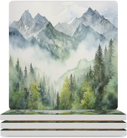 Square-4PCS Forest Drink Coasters, Square Modern Ceramic Absorbent Coasters, Watercolor Style Nature Woodland Green Forest Mountain Plant Decor Desk Coffee Table Coaster for Beverage Cup Tea Coasters