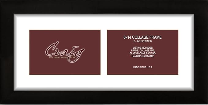 Craig Frames 1WB3BK 6 by 14-Inch Black Picture Frame, Single White Collage Mat with 2-4 by 6-Inch Openings