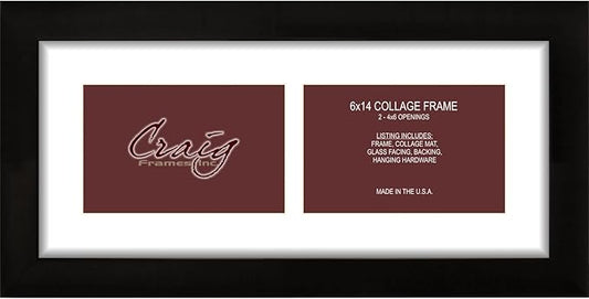 Craig Frames 1WB3BK 6 by 14-Inch Black Picture Frame, Single White Collage Mat with 2-4 by 6-Inch Openings