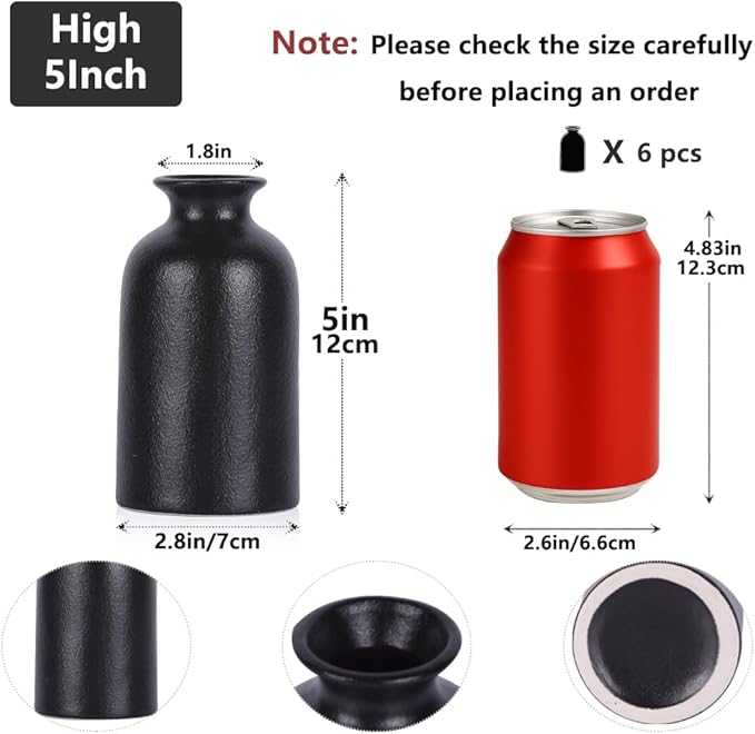 Black Ceramic Bud Vases Set of 6 – 5in Small Vases for Dry Flowers or House Plants, Modern Boho Decorative Vases for Wedding, Home, Table Centerpieces, Mantel or Office Decor