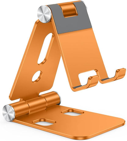OMOTON Foldable Cell Phone Stand, C4 Portable Aluminum Phone Holder, Adjustable Phone Dock Cradle Compatible with iPhone 17/16/15 Pro Max Air, Samsung Galaxy, Small Tablets, Smart Phones, Orange