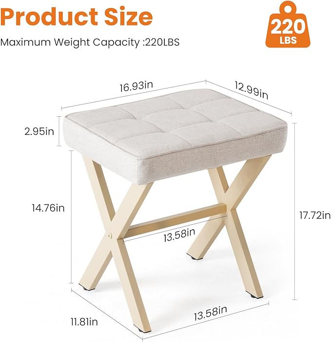 Sweetcrispy Vanity Stool Ottoman, Square Linen Makeup Stool Metal X Legs, Small Footstool Chair for Vanity, Modern Padded Seat Foot Rest for Makeup Room, Bathroom,Living Room, Entryway, Beige