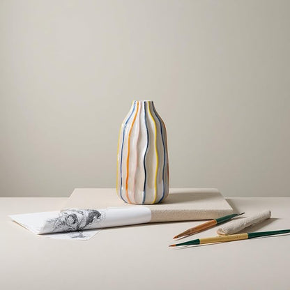 Handmade Beige Ceramic Vase with Colorful Stripes,Modern Boho Home Decor Centerpiece, Unique Holiday&Housewarming Present for Women (A)