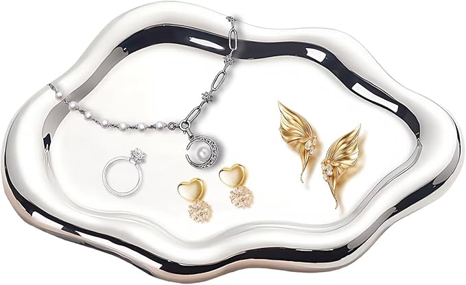 Ceramic Jewelry Dish for Women, Unique Cloud Shaped Trinket Ring Tray, Room Decorative Vanity Tray, Women Gift for Mother's Day, Christmas, Thanksgiving, Birthday, for Plate, Watch, Keys etc(Silver)