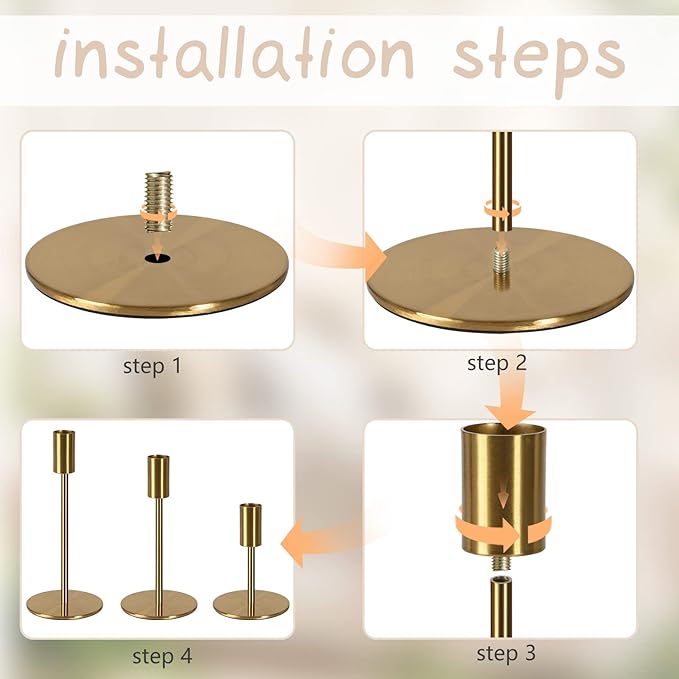 Brass Taper Candle Holders - Set of 3 Antique Brass Finish Candlestick Holder, Modern Rustic Metal Candlestick Holder for Wedding, Dining Table, Party Centerpiece