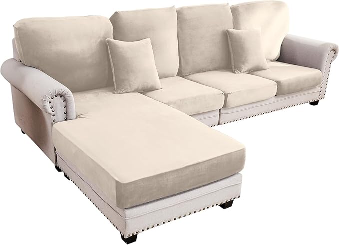 Couch Cover 4-Piece Elastic Velvet Couch Cushion Covers & Chaise Slipcovers for L-Shaped Sofas - Sofa Seat Covers Washable, Soft Protector for Couches (3 Seater + Chaise, Ivory)
