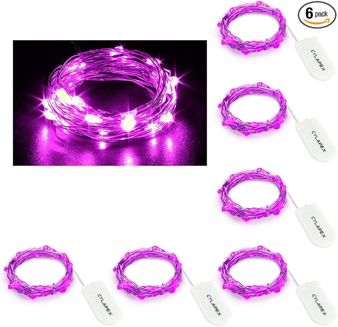 CYLAPEX 6 Pack Purple Fairy Lights String Battery Operated Fairy Lights Firefly Lights LED Starry String Lights 7ft 20 LEDs Silvery Copper Wire for Christmas DIY Decoration Costume Wedding Party