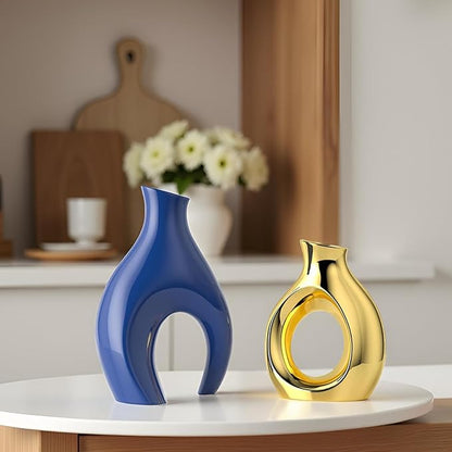Blue Gold Modern Abstract Ceramic Vases for Home Decor,Nordic Snuggle Hollow Design for Flowers Pampas Grass Decorative,for Living Room Coffee Table Centerpiece,Entrance,Console (Blue)