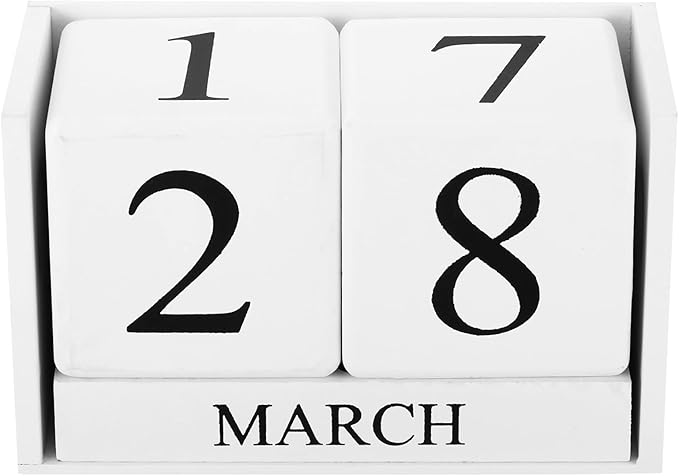 PATIKIL Vintage Wood Block Perpetual Calendar, Reusable Wooden Month Date Display Blocks for Desk Office Home Decoration 6.1", White
