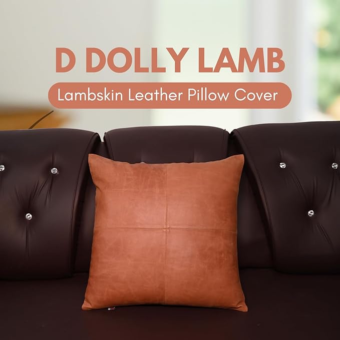D DOLLY LAMB Lambskin Leather Pillow Cover - Sofa Cushion Case - Decorative Throw Covers for Living Room & Bedroom, 20x20 Inches - Orange Crunch Plain