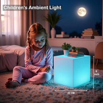8-inch Waterproof LED Light Cube, USB Rechargeable Mood Light, 16 RGB Colors Changing Night Lights with Remote, Nursery Glow Kid Stool for Kids Room, Bedroom & Outdoor Decor