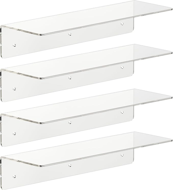 HANGE 4-Pack Clear Acrylic Floating Shelves, 12" Invisible Wall Mounted Shelves – Space-Saving Storage for Kids’ Books, Bathroom, Bedroom, Kitchen, Living Room – Modern Display Organizer