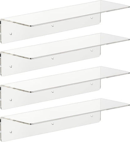 HANGE 4-Pack Clear Acrylic Floating Shelves, 12" Invisible Wall Mounted Shelves – Space-Saving Storage for Kids’ Books, Bathroom, Bedroom, Kitchen, Living Room – Modern Display Organizer