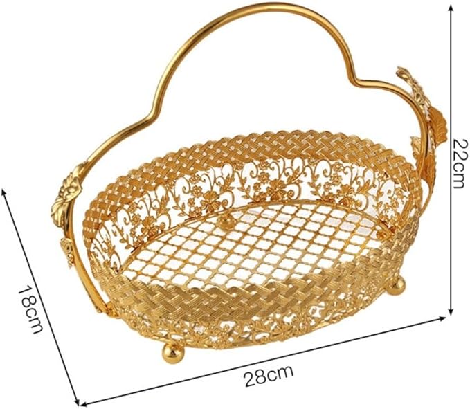Metal Fruit Basket 11x8 Inch - Gold Decorative Storage Organizer for Coffee Table,Rustproof Iron Wire Basket with Handle for Office/Living Room