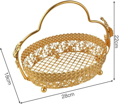Metal Fruit Basket 11x8 Inch - Gold Decorative Storage Organizer for Coffee Table,Rustproof Iron Wire Basket with Handle for Office/Living Room