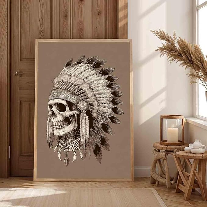 Native American Pictures Indian Chief Painting Skulls And Feathers Wall Art Ethnic Skulls Sheik Wall Art Tribal Indian Chief Poster Skull Pictures Vintage Halloween Living Room Decor 16x24in No Frame